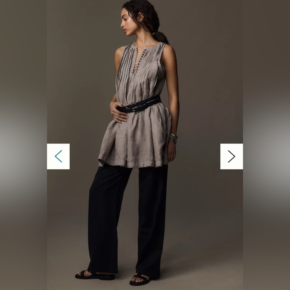 By Anthropologie Linen Sleeveless Pleated Mini Boho Lagenlook Resort Dress Sz S